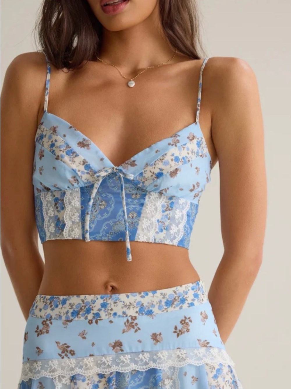 Altar'd State Buttercup Blue Floral Lace-Trim Bandeau Crop